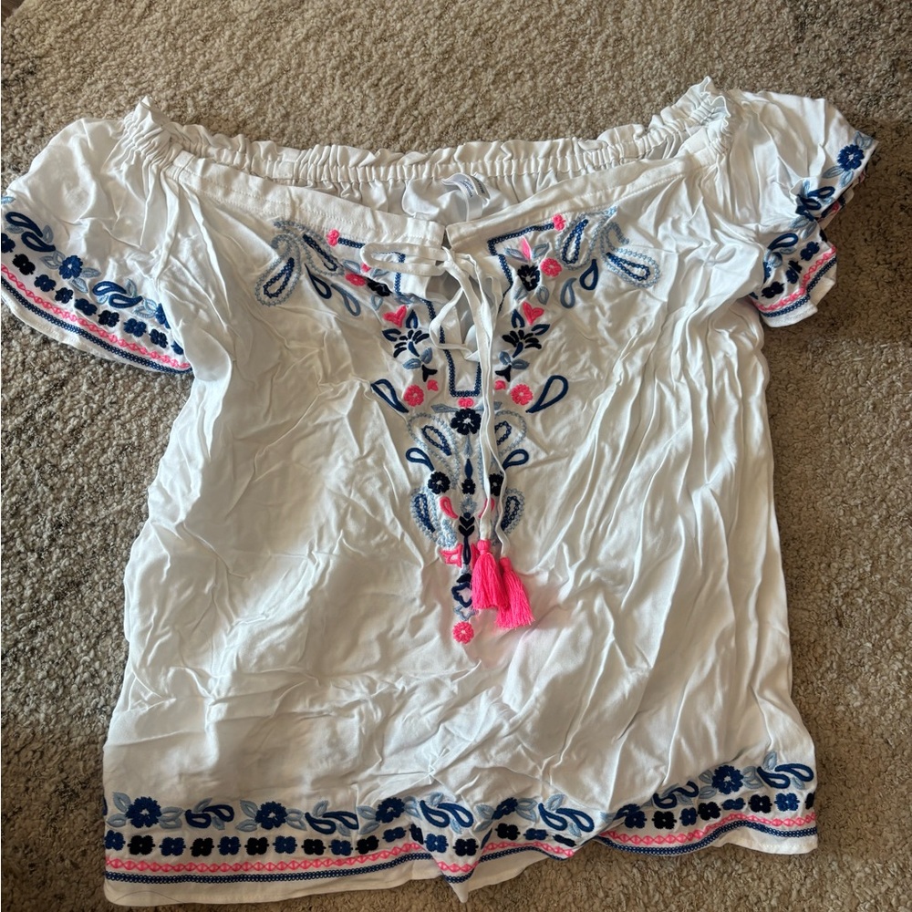 Southern Tide White Off the Shoulder Blouse with Tie Front